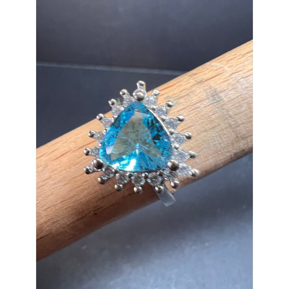 Sky blue trillium CZ halo sterling silver ring size 9